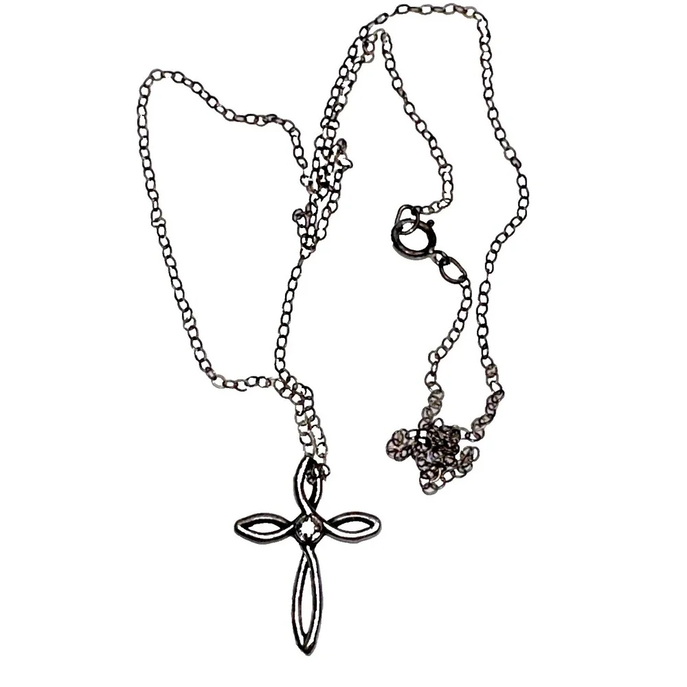 Sterling Silver Cross Pendant Necklace BG 925 Charm Diamond Chip 18